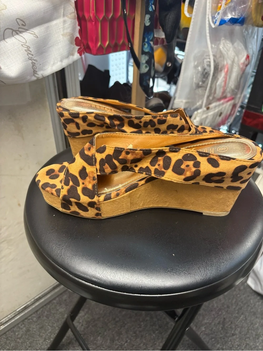 Dr. Scholl's Leopard Print Wedge Slide Sandals in Tan and Black